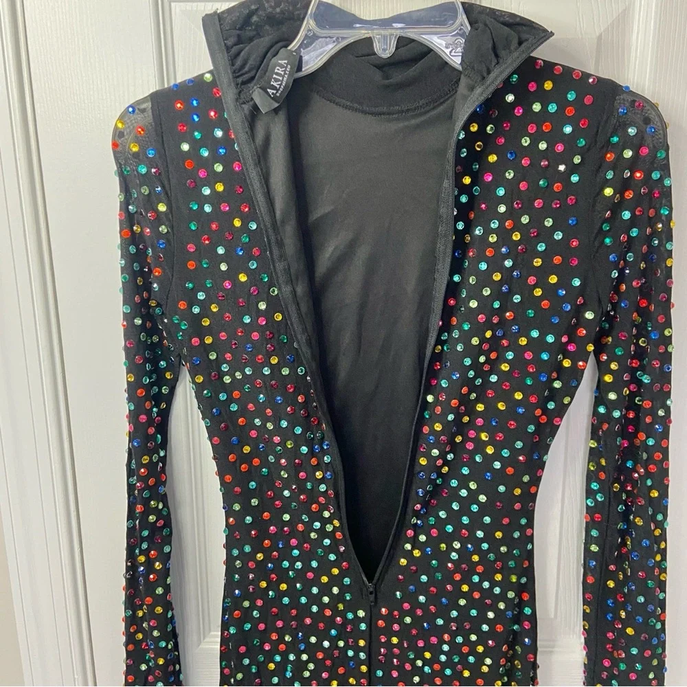AKIRA Multicolored Rhinestone Bodycon Black Midi Dress Nylon Size Small - Picture 8 of 10